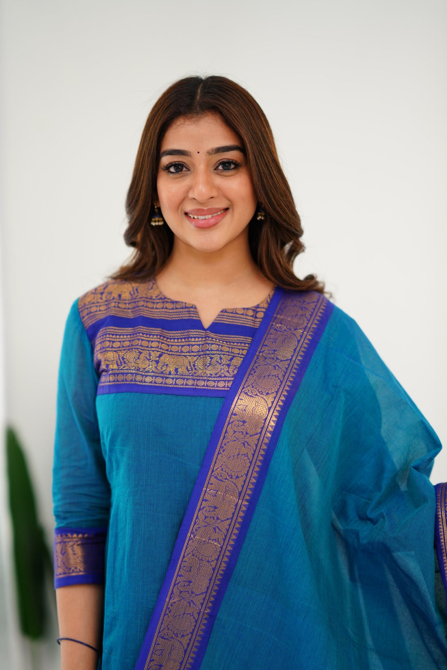 Mezos Royal Blue Cotton Silk Suit Set with Golden Zari Border – Premium Ethnic Wear by Amali