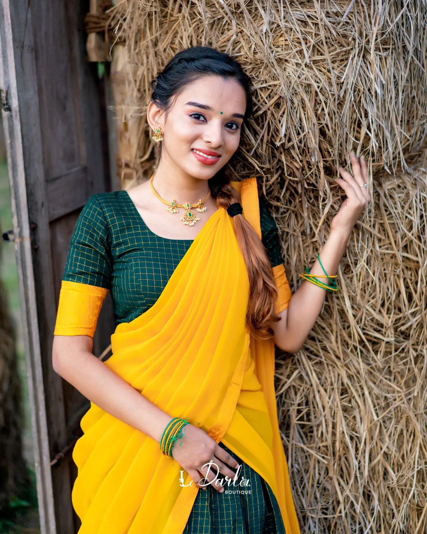 Mezos Yellow & Bottle Green Checked Cotton Silk Half Saree Set | Amali Royal Heritage Collection