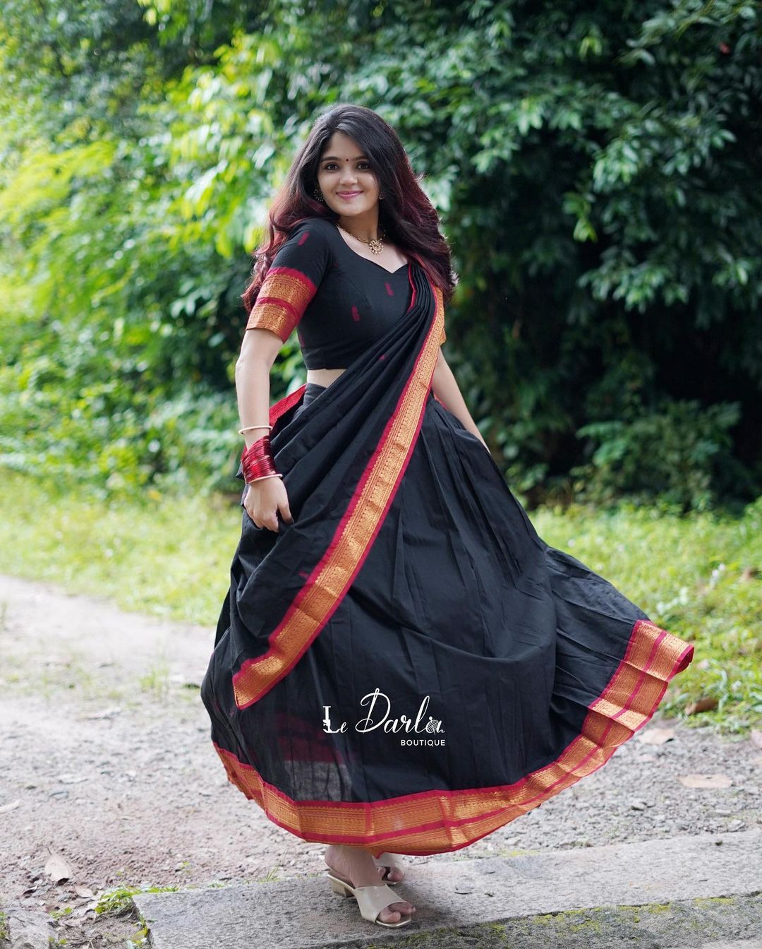 Mezos Black & Maroon Banarasi Kanjivaram Silk Zari Half Saree Set | Amali Royal Heritage Collection