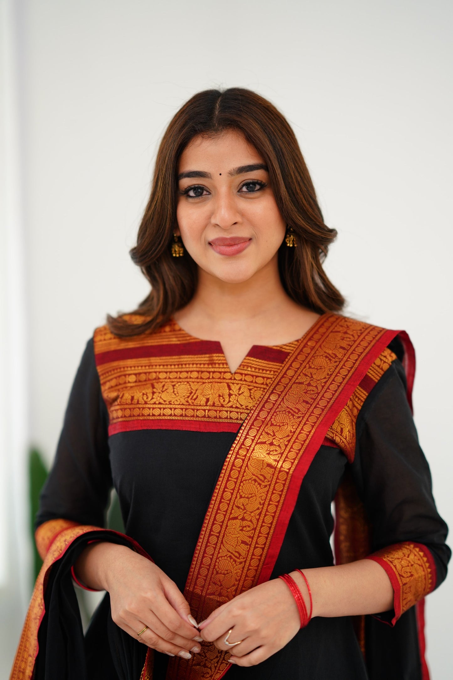 Mezos Black & Maroon Cotton Silk Suit Set with Golden Zari Border – Premium Ethnic Wear by Amali