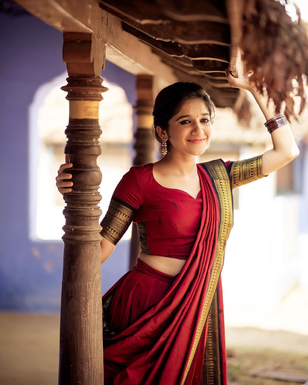 Mezos Maroon Banarasi Kanjivaram Silk Zari Half Saree Set | Amali Royal Heritage Collection