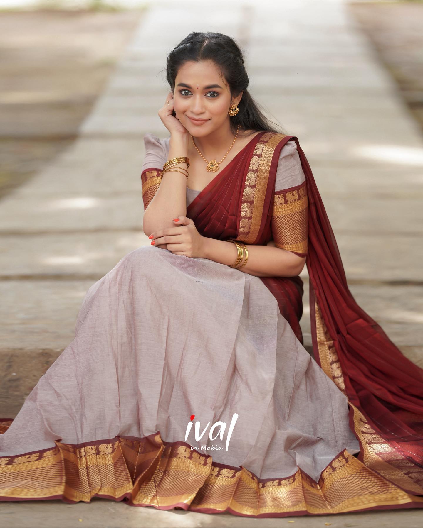 Mezos Maroon & Silver Grey Banarasi Silk Half Saree Set | Amali Royal Heritage Collection