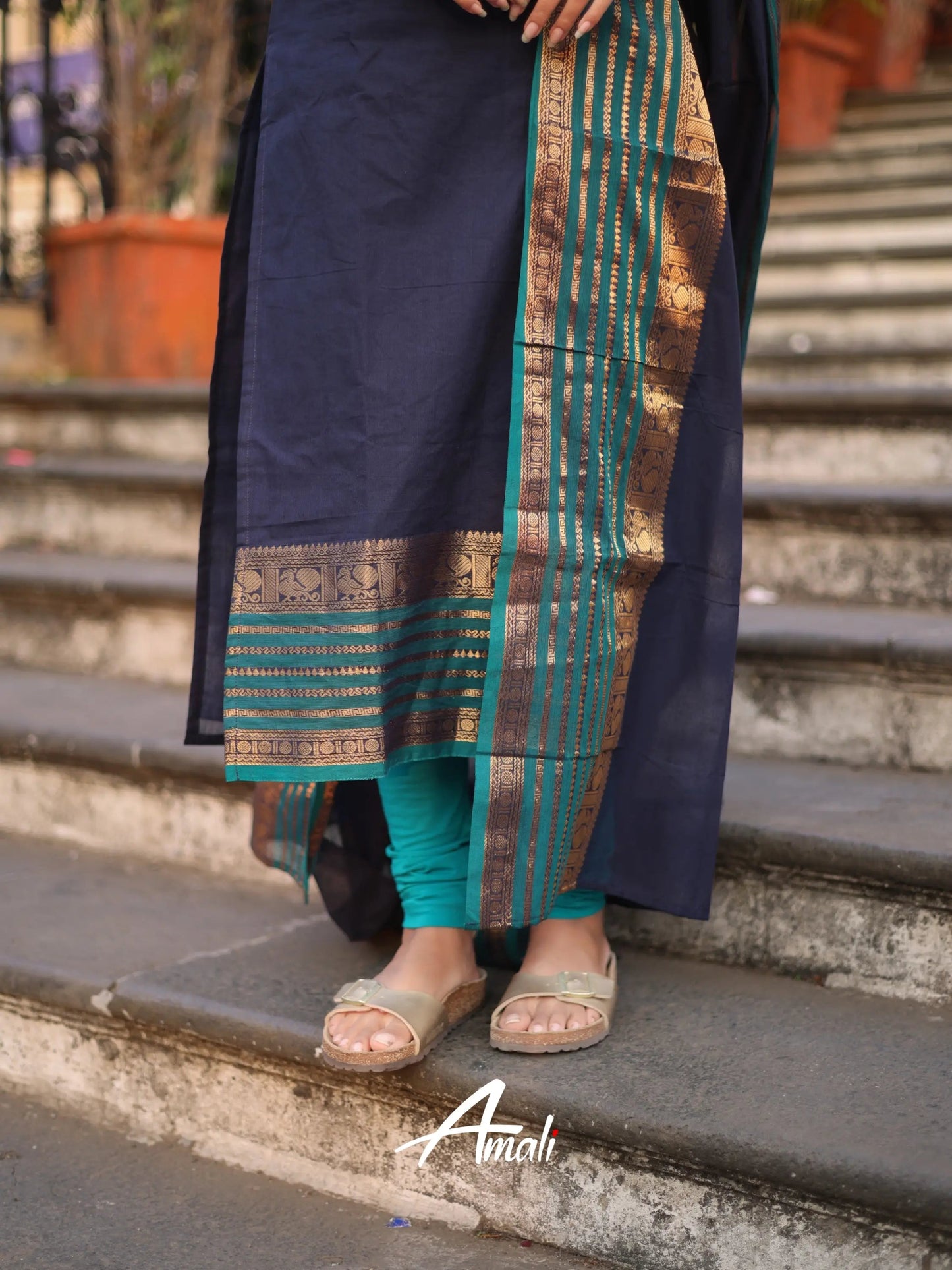 Mezos Navy Blue & Teal Cotton Silk Kurta with Golden Zari Dupatta – Elegant 2-Piece Set by Amali