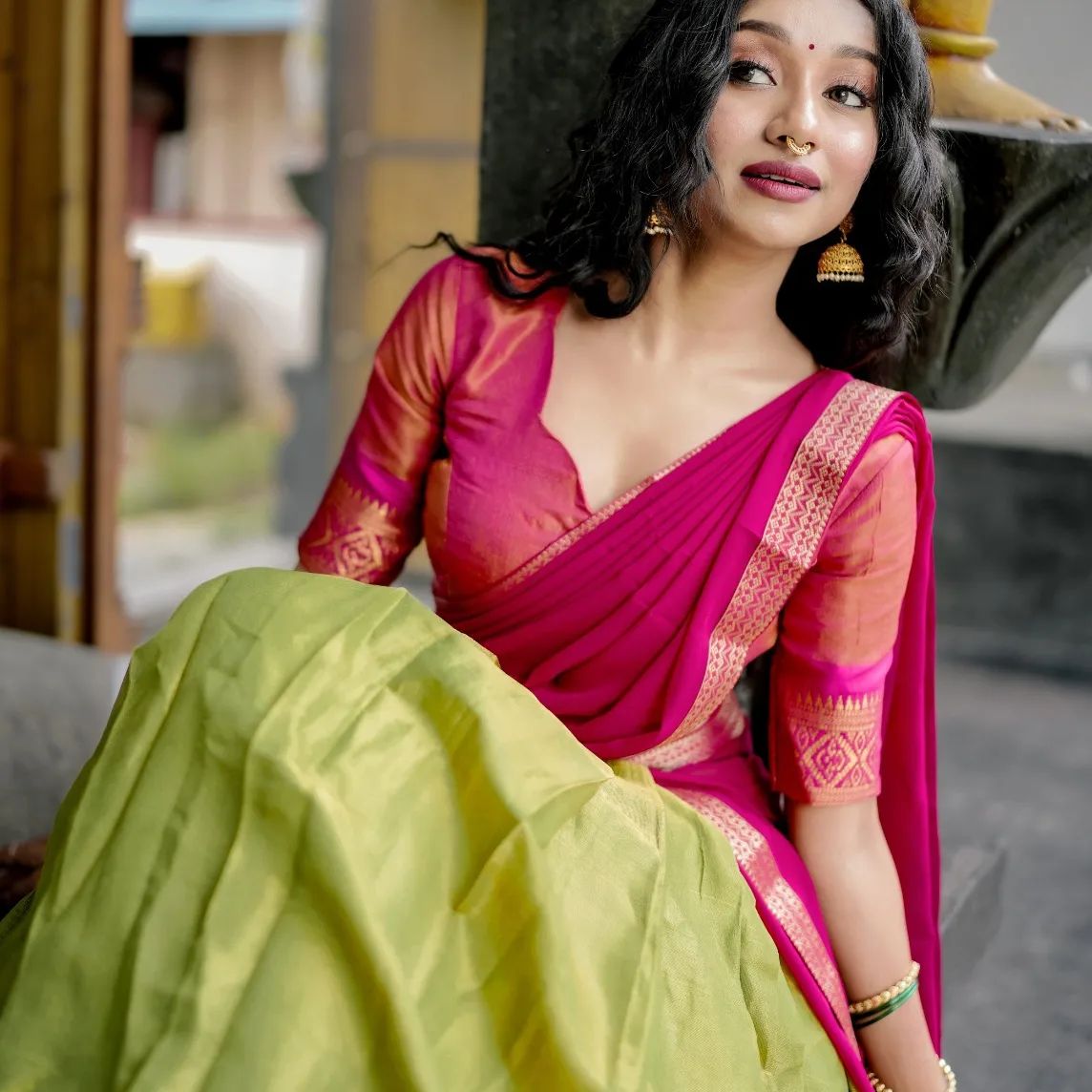 Mezos Olive Green & Rani Pink Banarasi Silk Half Saree Set | Amali Royal Heritage Collection