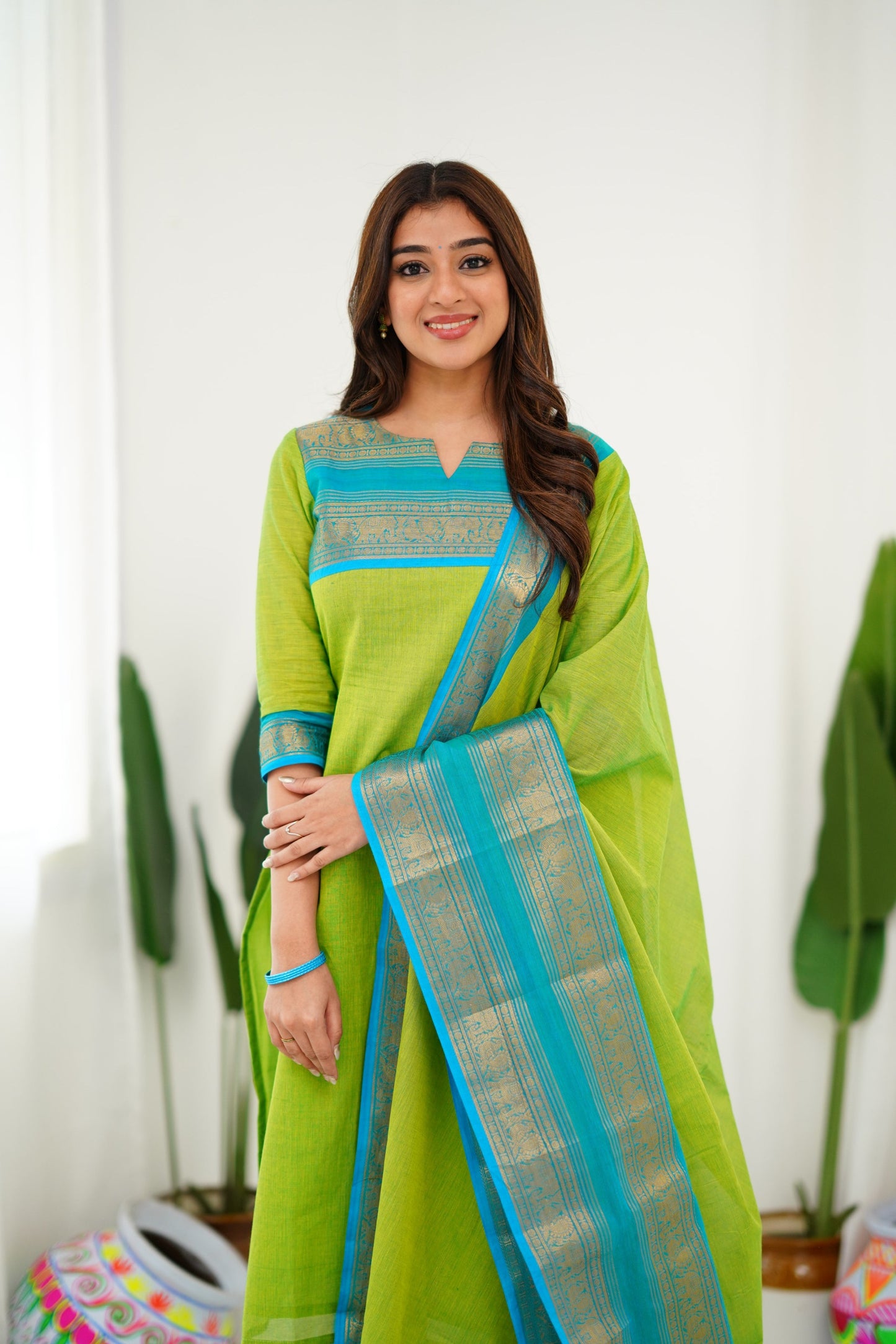 Mezos Lime Green & Sky Blue Cotton Silk Suit Set with Golden Zari Border – Premium Ethnic Wear by Amali