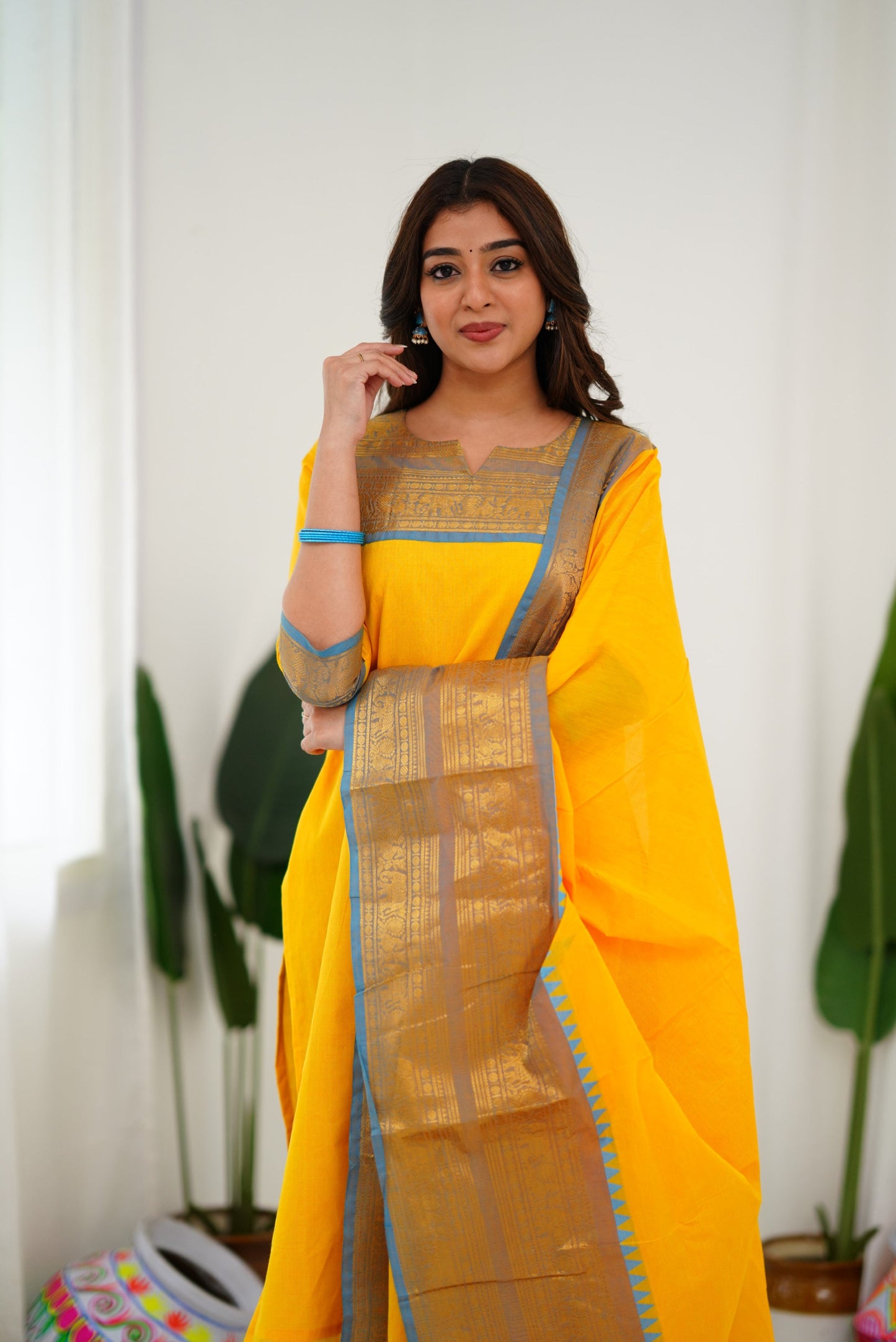 Mezos Yellow & Sky Blue Cotton Silk Suit Set with Golden Zari Border – Premium Ethnic Wear by Amali