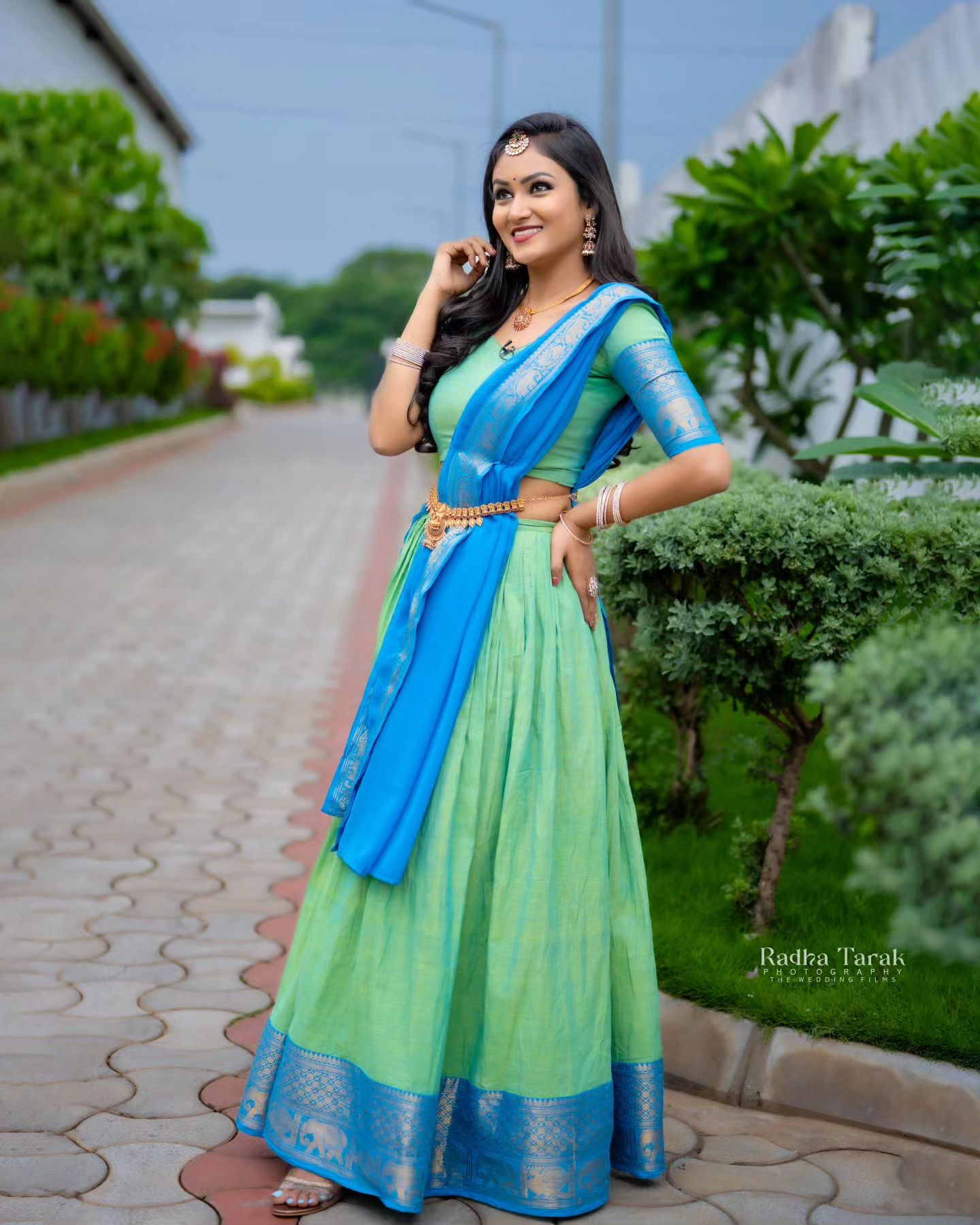Mezos Aqua Blue & Parrot Green Banarasi Silk Half Saree Set | Amali Royal Heritage Collection