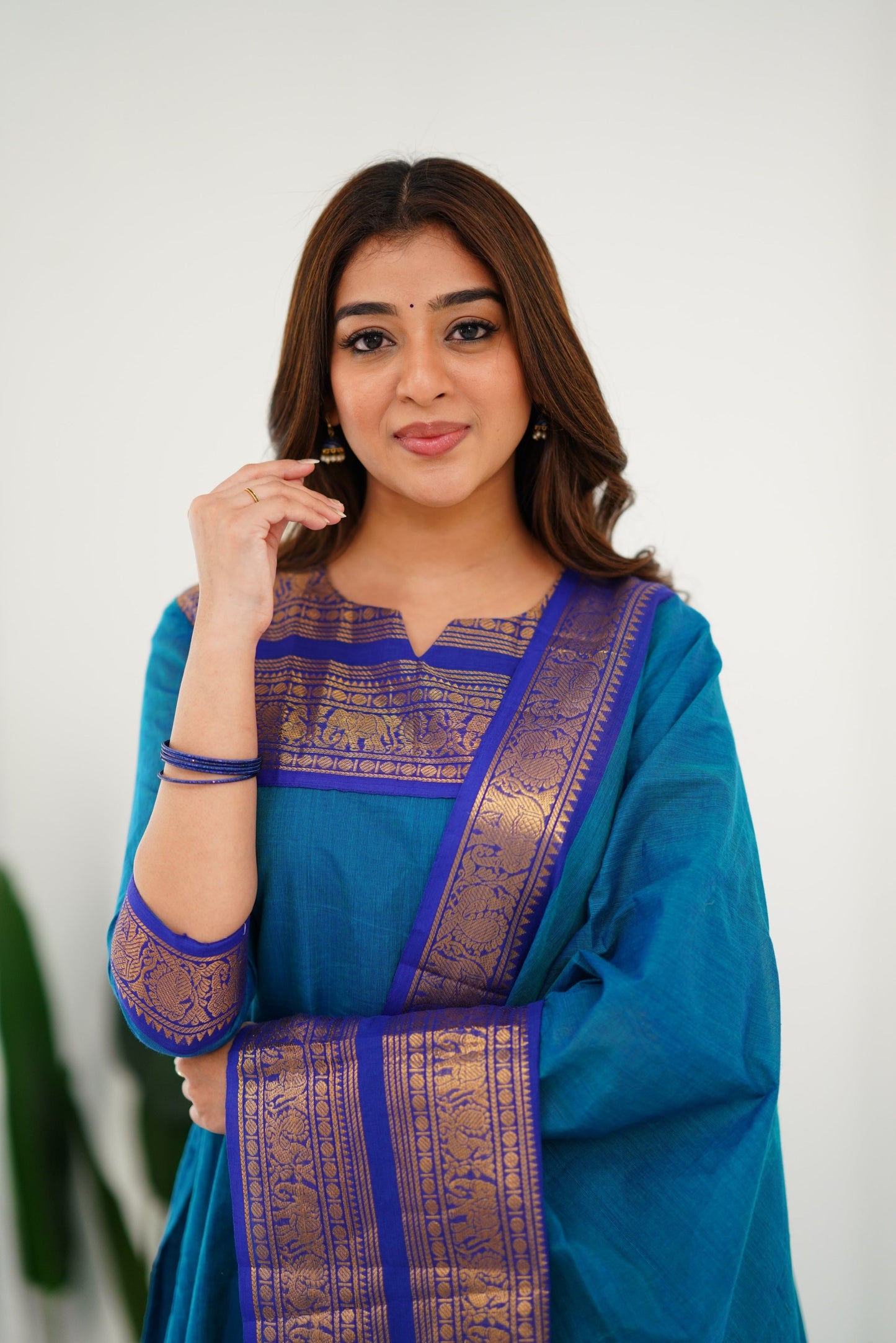 Mezos Royal Blue Cotton Silk Suit Set with Golden Zari Border – Premium Ethnic Wear by Amali