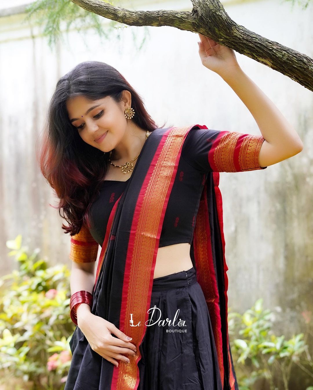 Mezos Black & Maroon Banarasi Kanjivaram Silk Zari Half Saree Set | Amali Royal Heritage Collection