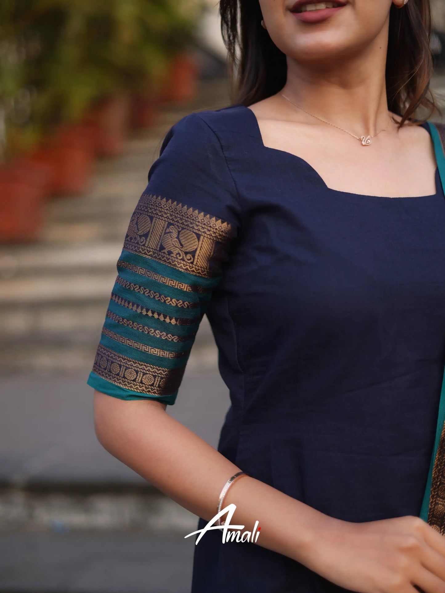 Mezos Navy Blue & Teal Cotton Silk Kurta with Golden Zari Dupatta – Elegant 2-Piece Set by Amali