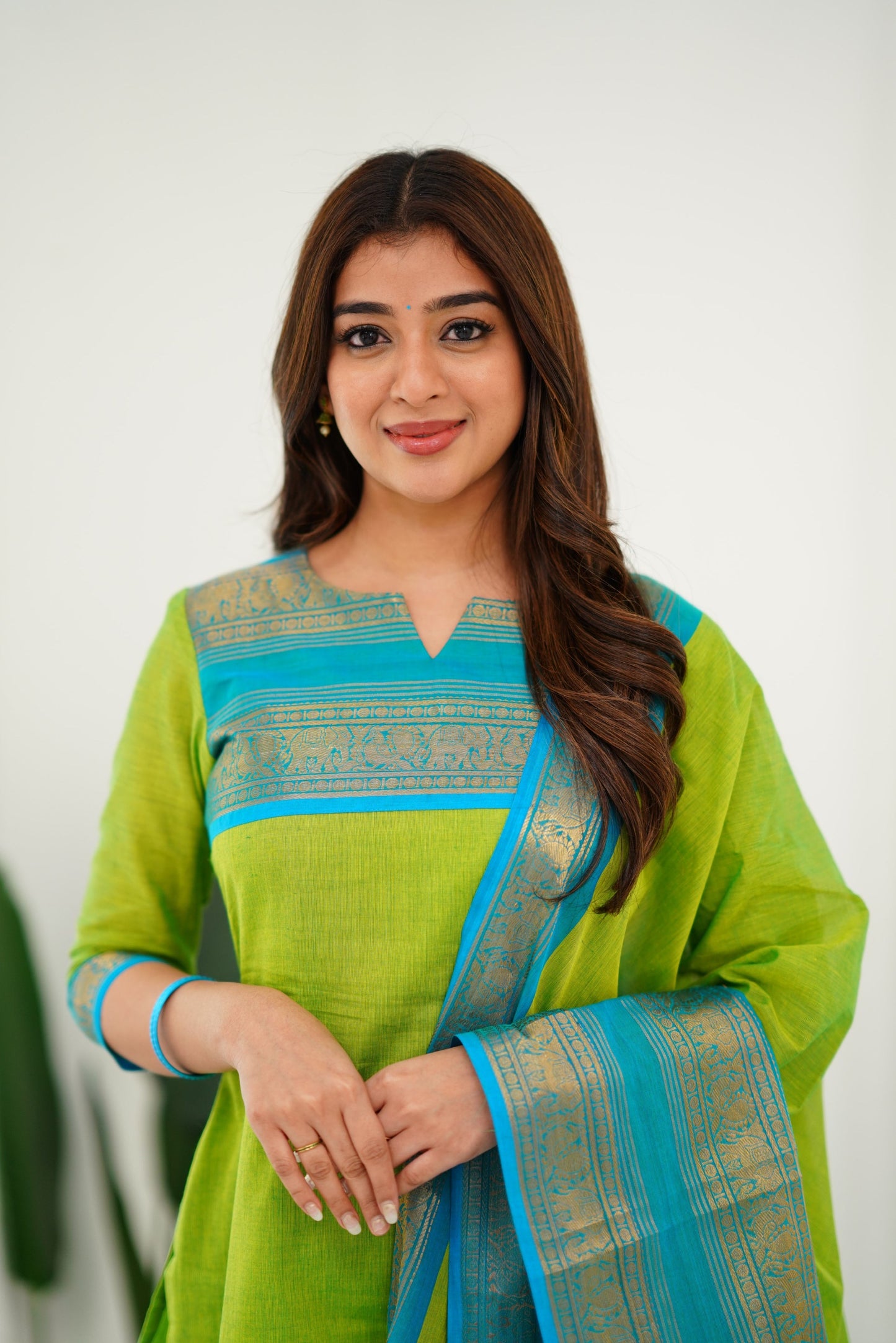 Mezos Lime Green & Sky Blue Cotton Silk Suit Set with Golden Zari Border – Premium Ethnic Wear by Amali