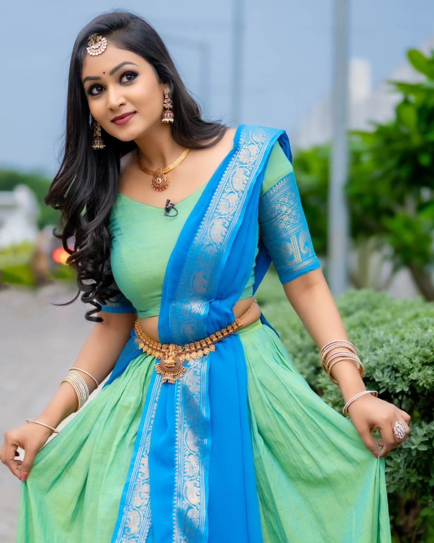 Mezos Aqua Blue & Parrot Green Banarasi Silk Half Saree Set | Amali Royal Heritage Collection