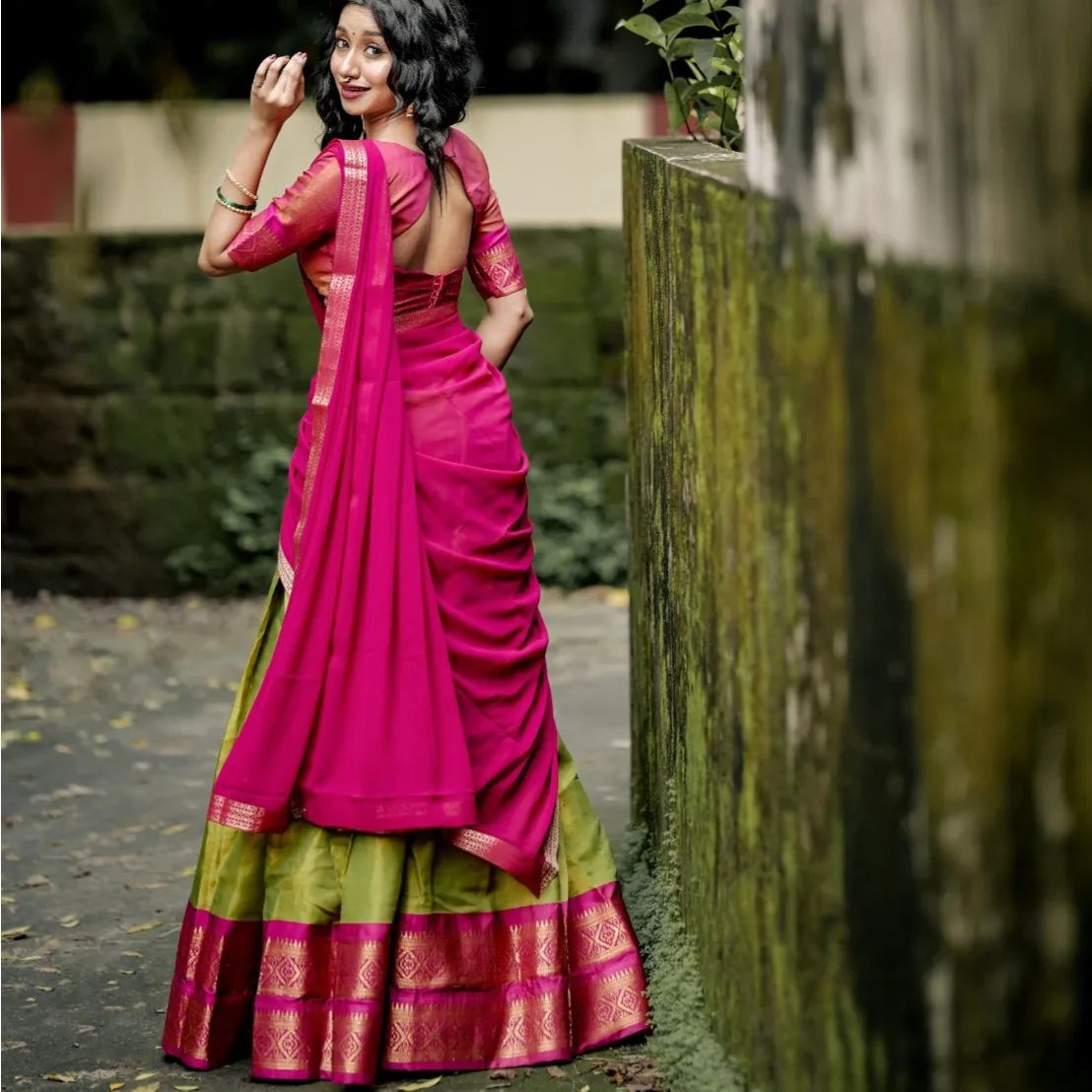 Mezos Olive Green & Rani Pink Banarasi Silk Half Saree Set | Amali Royal Heritage Collection