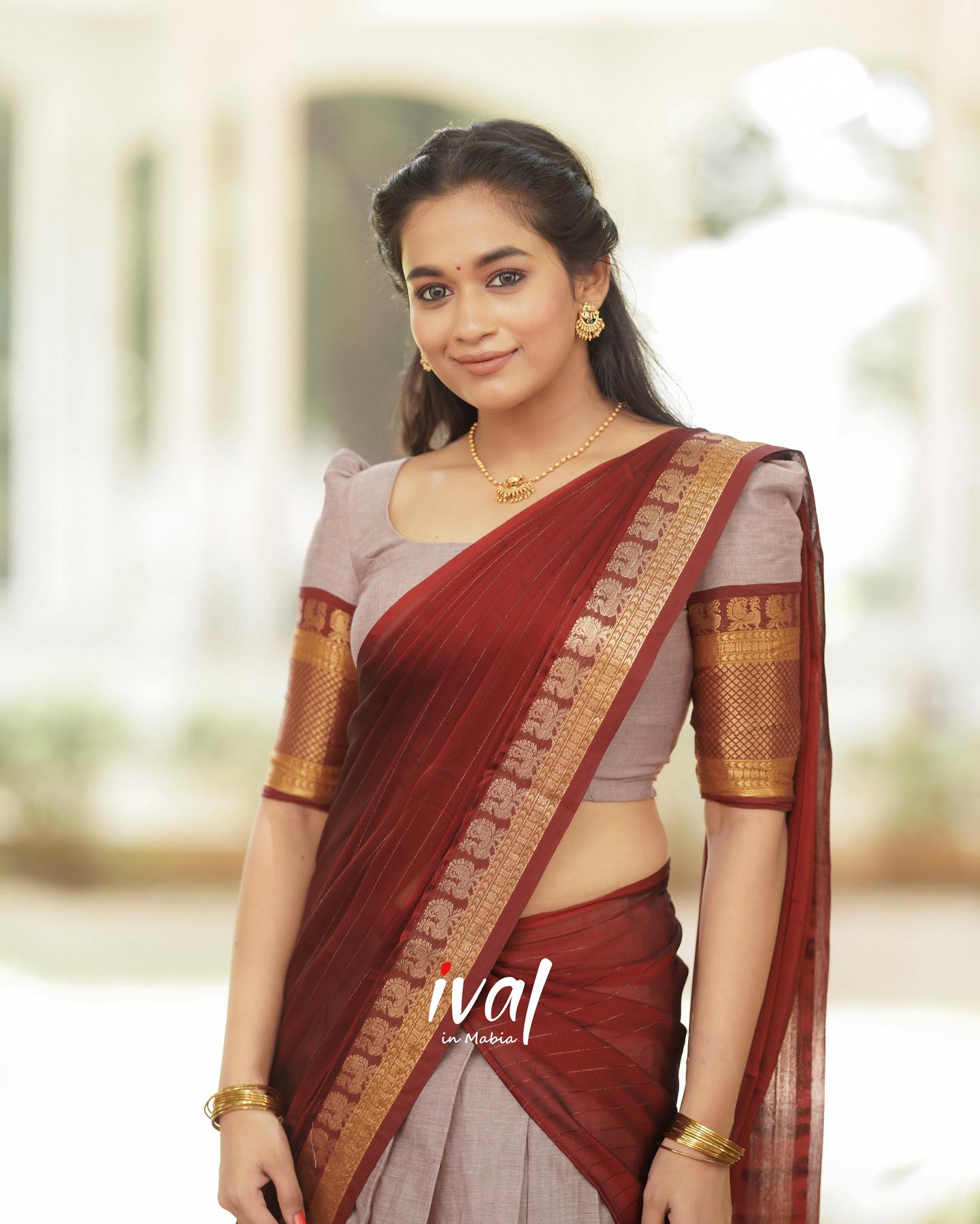 Mezos Maroon & Silver Grey Banarasi Silk Half Saree Set | Amali Royal Heritage Collection