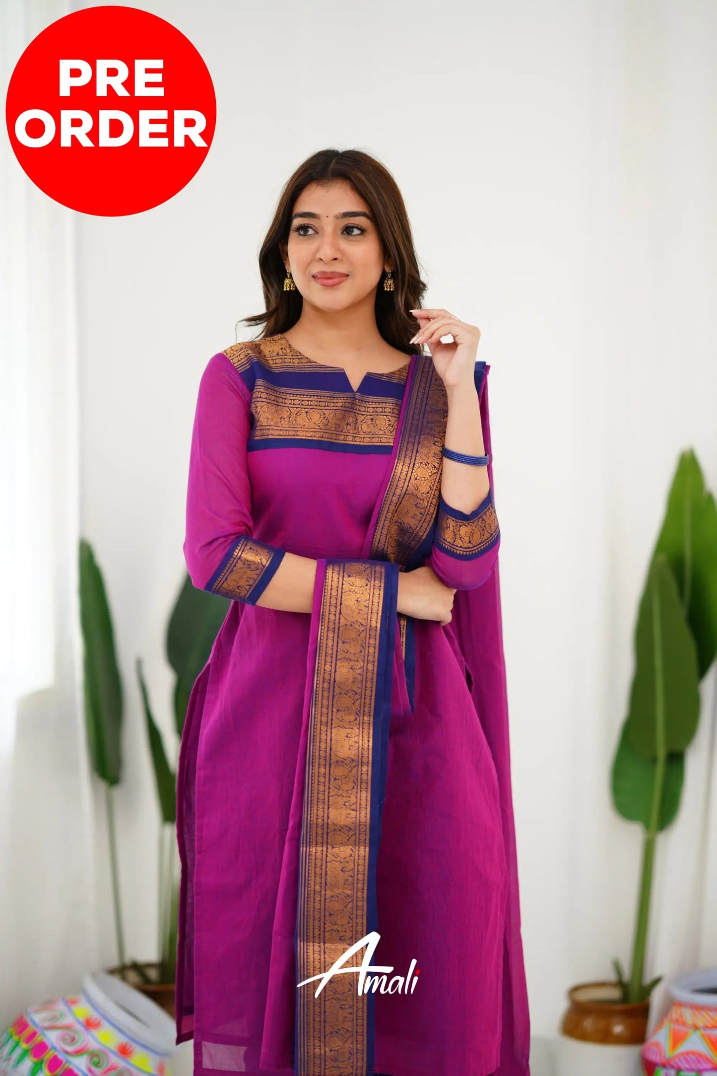 Mezos Magenta & Navy Cotton Silk Suit Set with Golden Zari Border – Premium Ethnic Wear by Amali