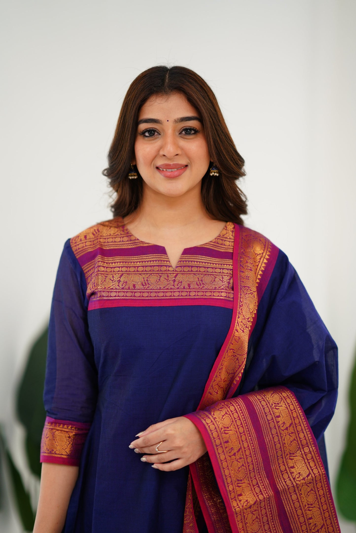 Mezos Navy Blue & Magenta Cotton Silk Suit Set with Golden Zari Border – Premium Ethnic Wear by Amali