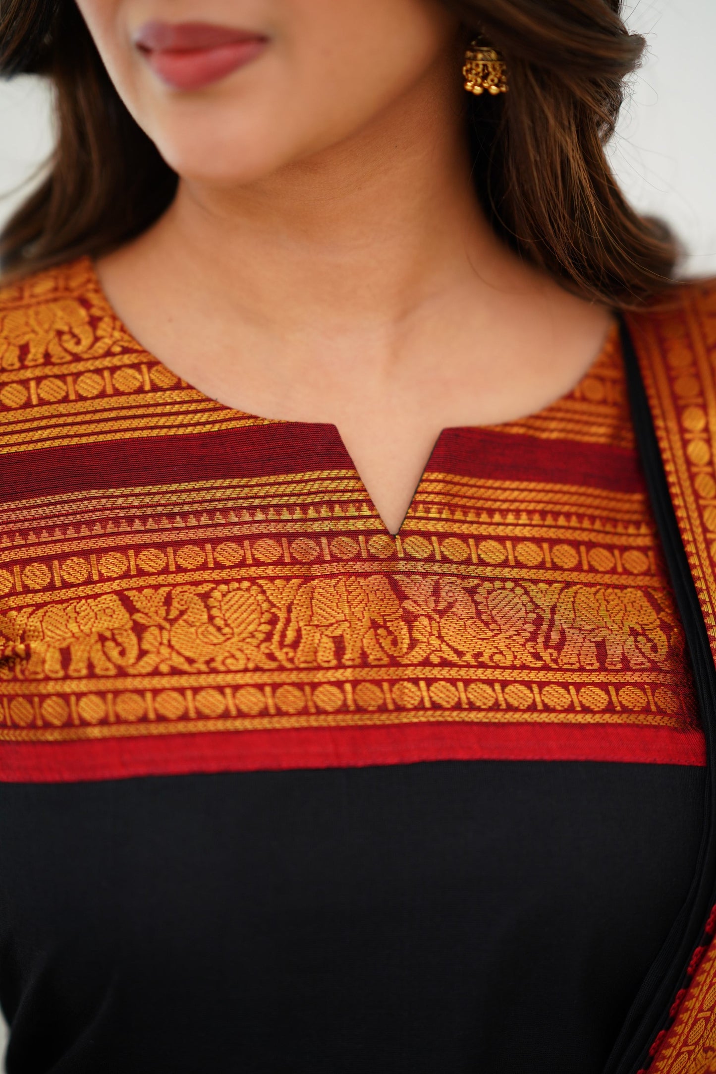 Mezos Black & Maroon Cotton Silk Suit Set with Golden Zari Border – Premium Ethnic Wear by Amali