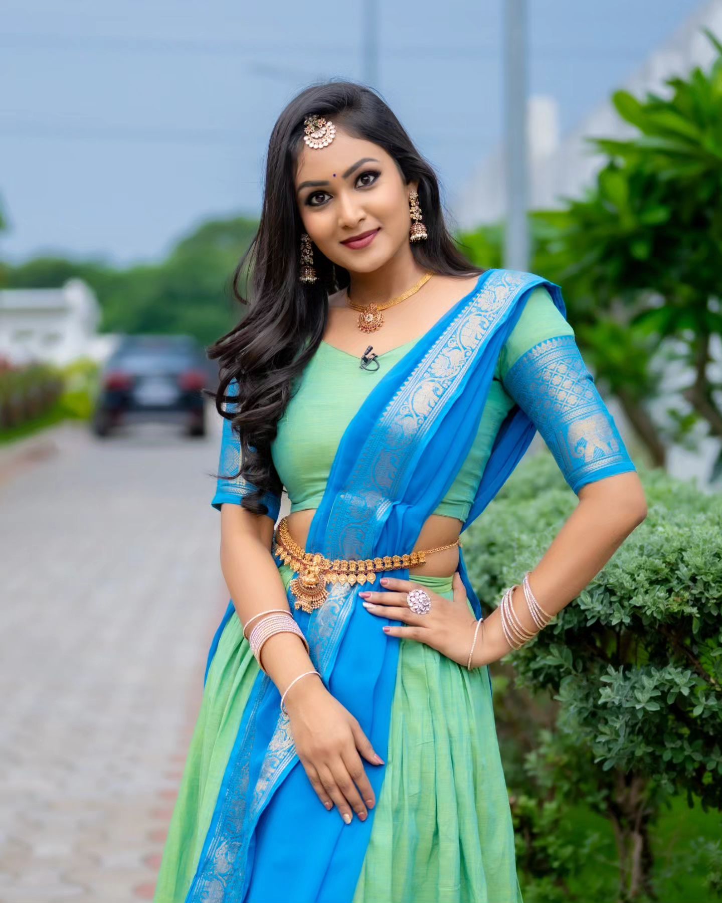 Mezos Aqua Blue & Parrot Green Banarasi Silk Half Saree Set | Amali Royal Heritage Collection