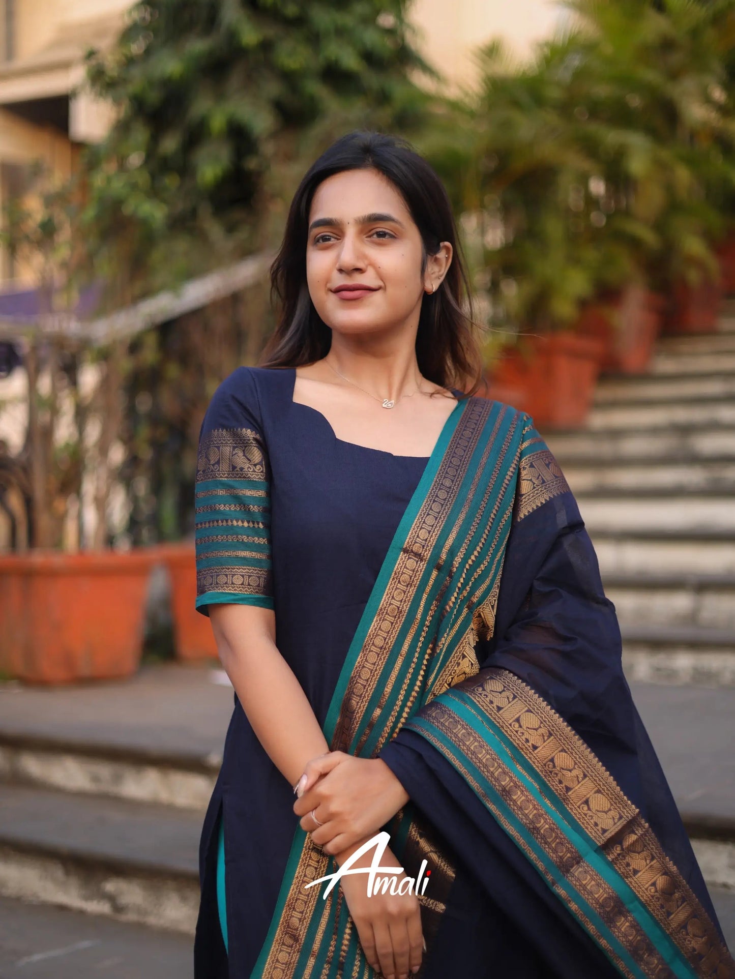 Mezos Navy Blue & Teal Cotton Silk Kurta with Golden Zari Dupatta – Elegant 2-Piece Set by Amali