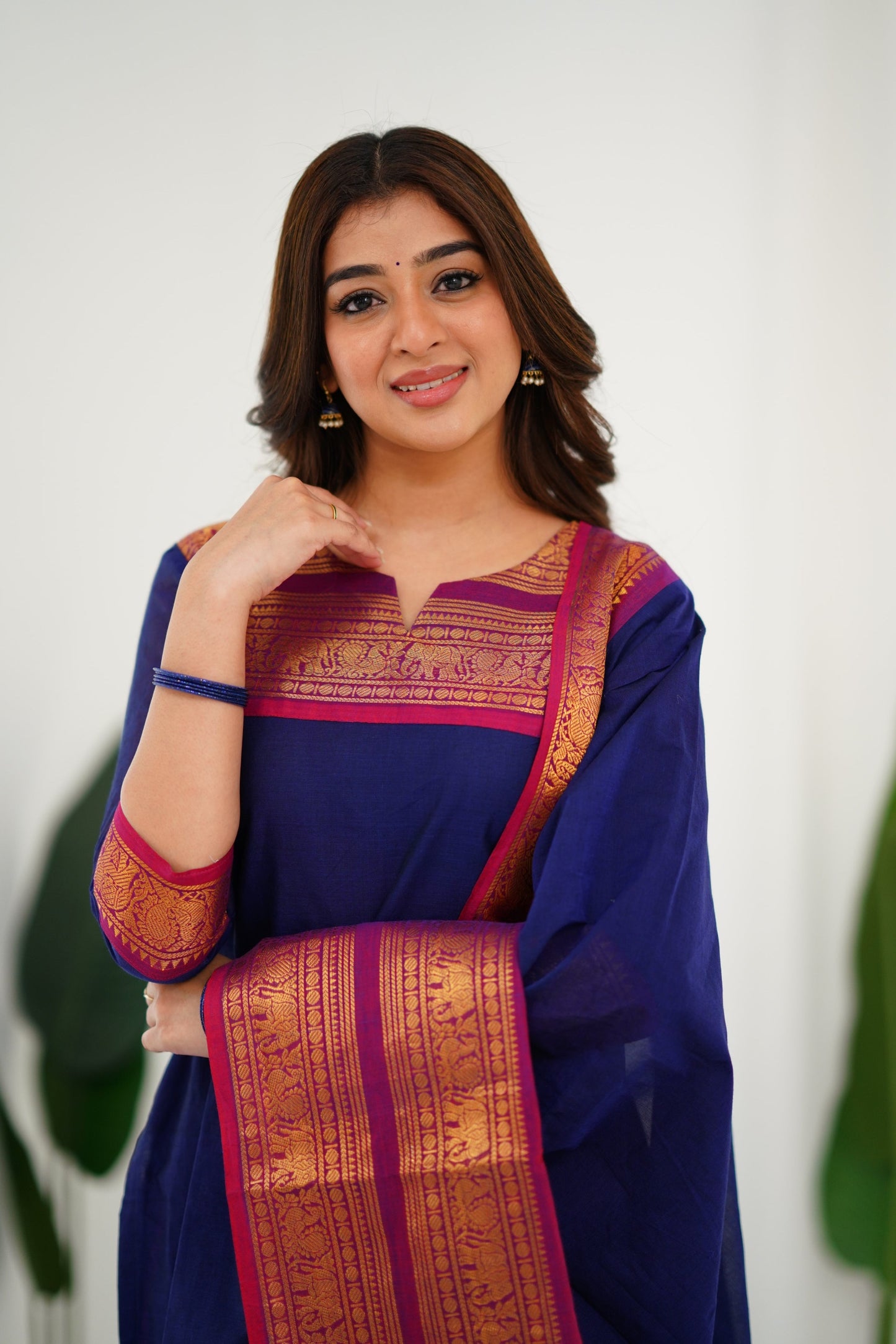 Mezos Navy Blue & Magenta Cotton Silk Suit Set with Golden Zari Border – Premium Ethnic Wear by Amali