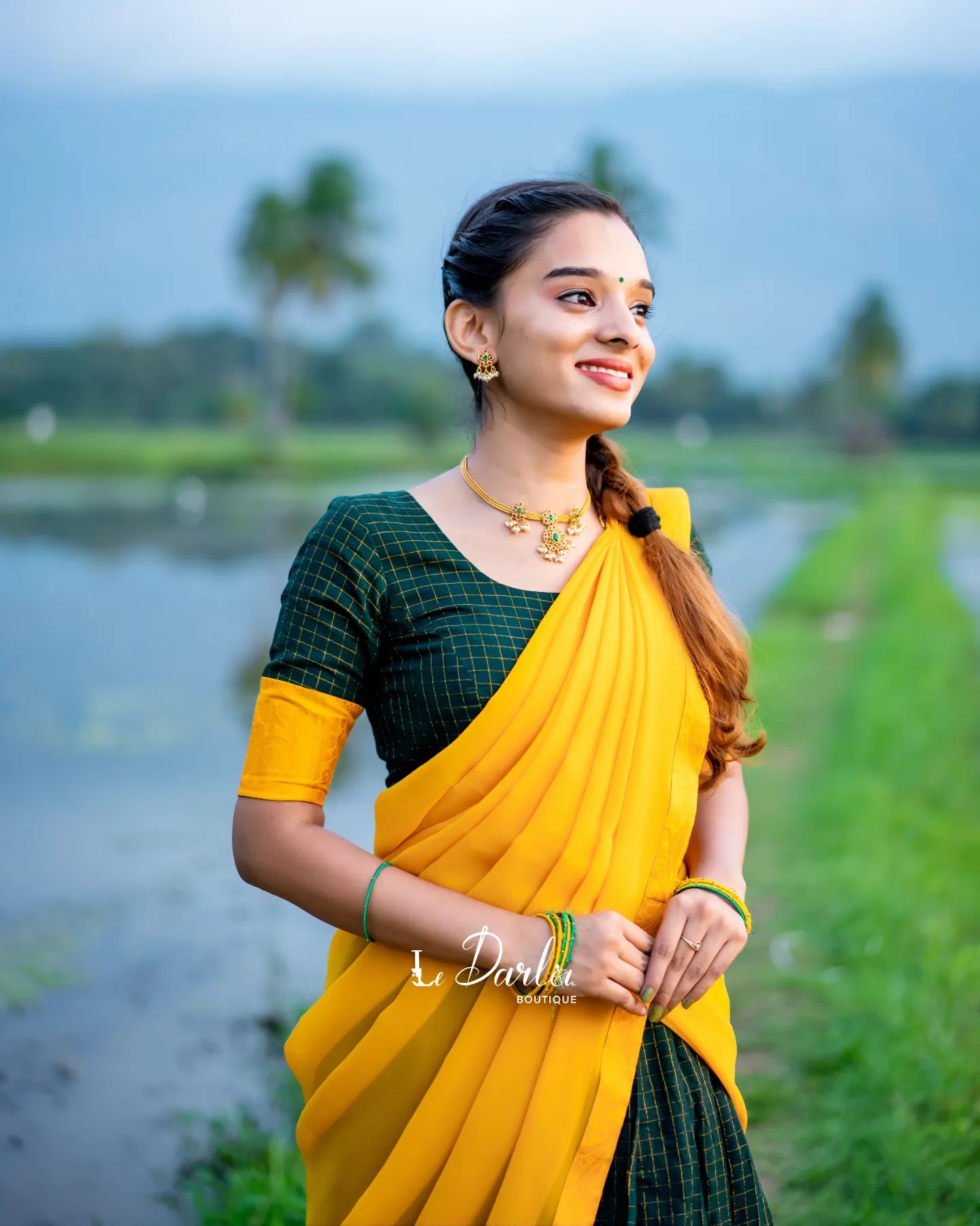 Mezos Yellow & Bottle Green Checked Cotton Silk Half Saree Set | Amali Royal Heritage Collection