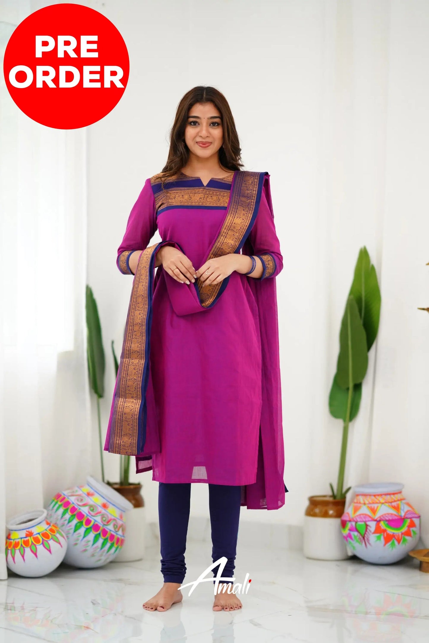 Mezos Magenta & Navy Cotton Silk Suit Set with Golden Zari Border – Premium Ethnic Wear by Amali