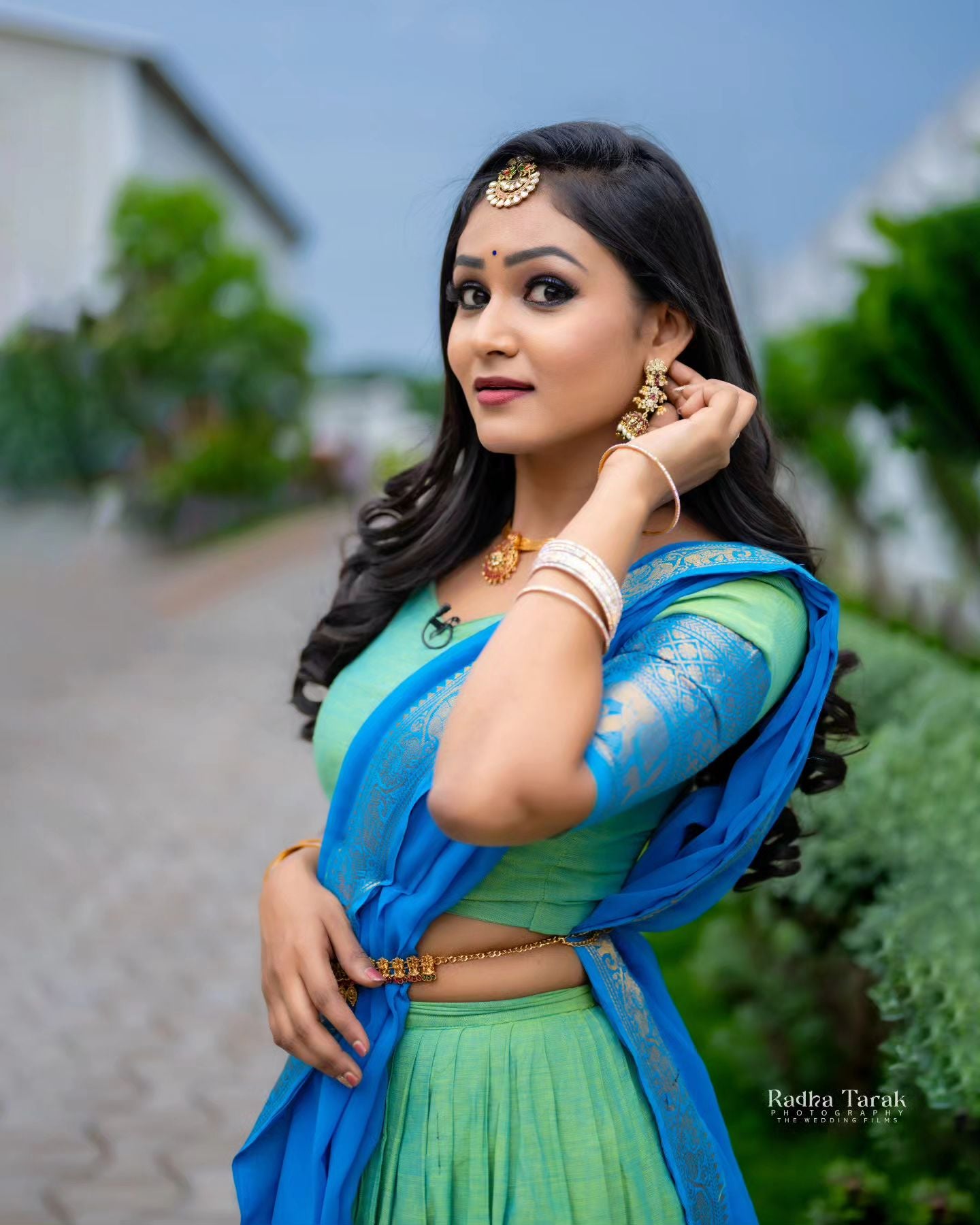 Mezos Aqua Blue & Parrot Green Banarasi Silk Half Saree Set | Amali Royal Heritage Collection