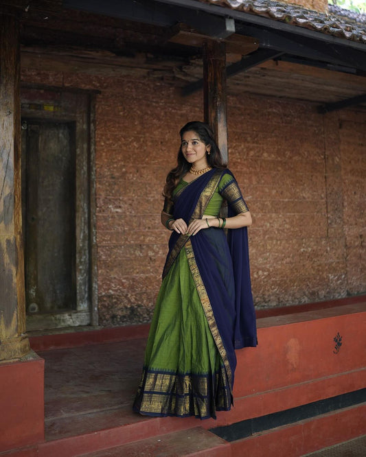 Mezos Royal Blue & Parrot Green Kanjivaram Banarasi Silk Half Saree Set | Zari Lehenga with Dupatta & Blouse – Amali Signature Collection