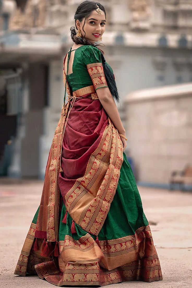 Mezos Green & Maroon Banarasi Kanjivaram Silk Zari Half Saree Set | Amali Royal Heritage Collection