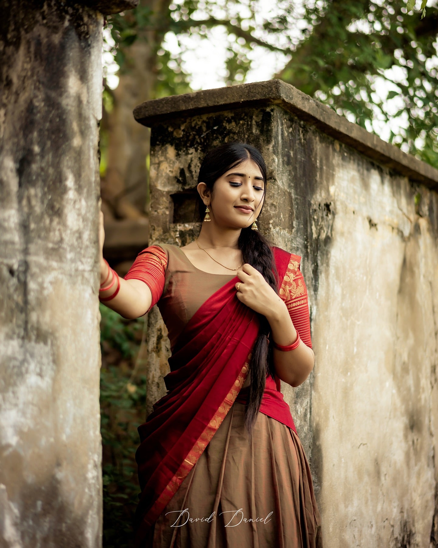 Mezos Brown & Maroon Banarasi Silk Zari Half Saree Set | Amali Royal Heritage Collection