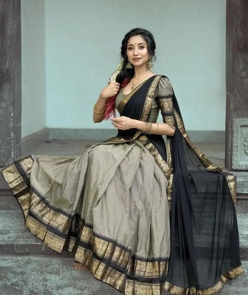 Mezos Elegant Grey & Black Kanjivaram Banarasi Silk Zari Half Saree Set | Amali Premium Festive Collection