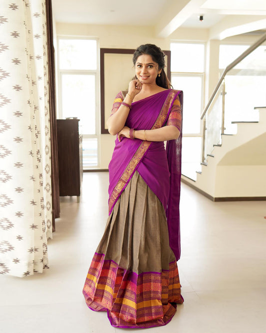 Mezos Purple & Coffee Brown Banarasi Silk Zari Half Saree Set | Amali Royal Heritage Collection