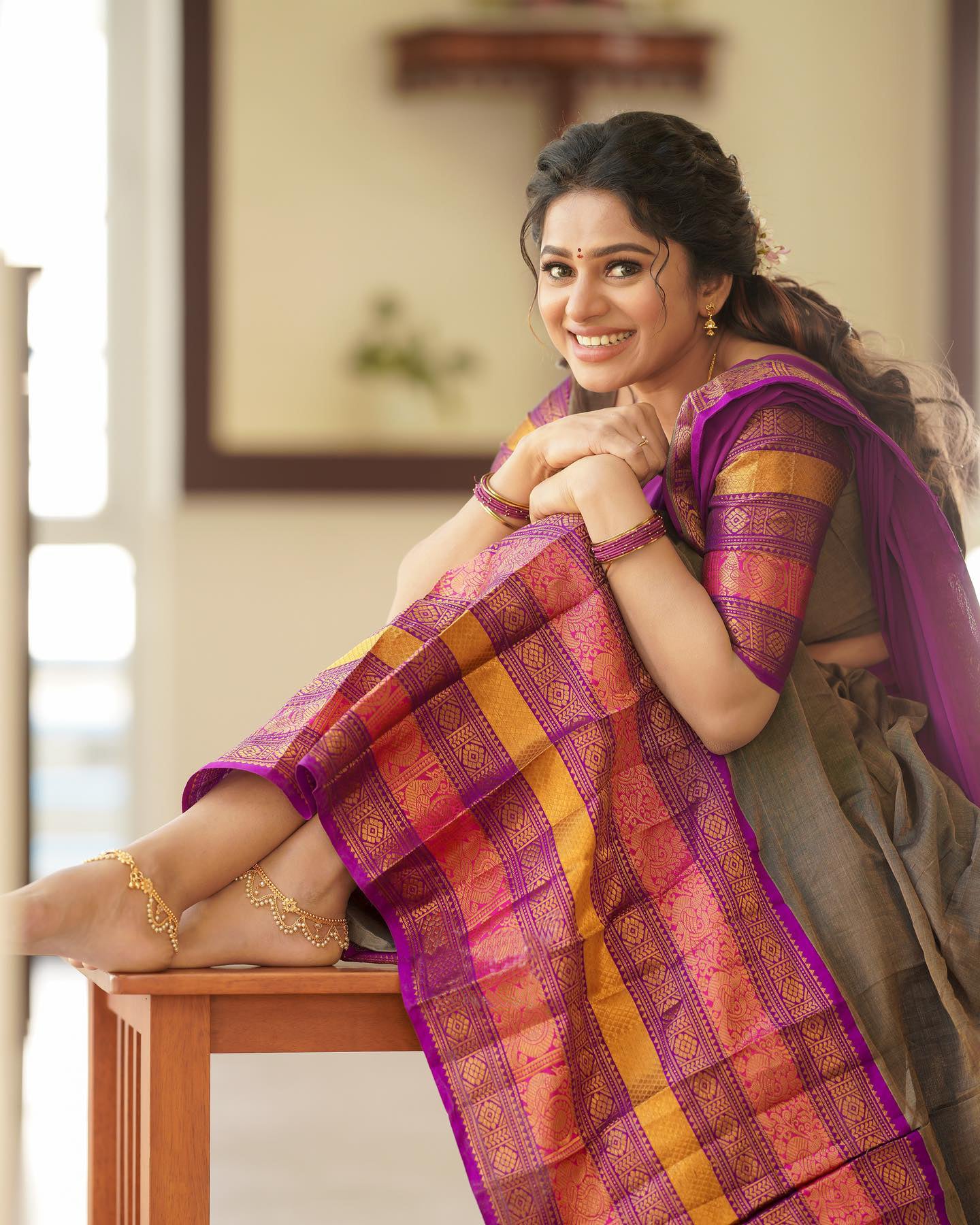 Mezos Purple & Coffee Brown Banarasi Silk Zari Half Saree Set | Amali Royal Heritage Collection