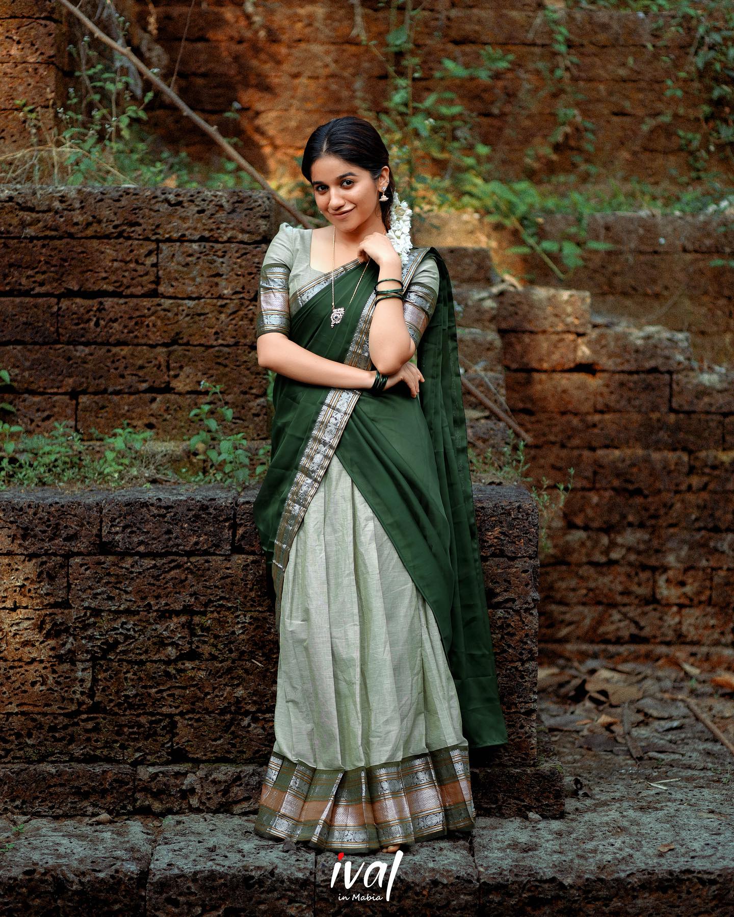 Mezos Dual Green Banarasi Silk Zari Half Saree Set | Amali Royal Heritage Collection