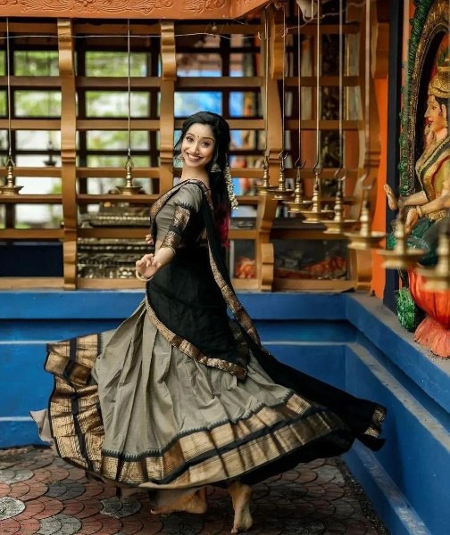 Mezos Elegant Grey & Black Kanjivaram Banarasi Silk Zari Half Saree Set | Amali Premium Festive Collection