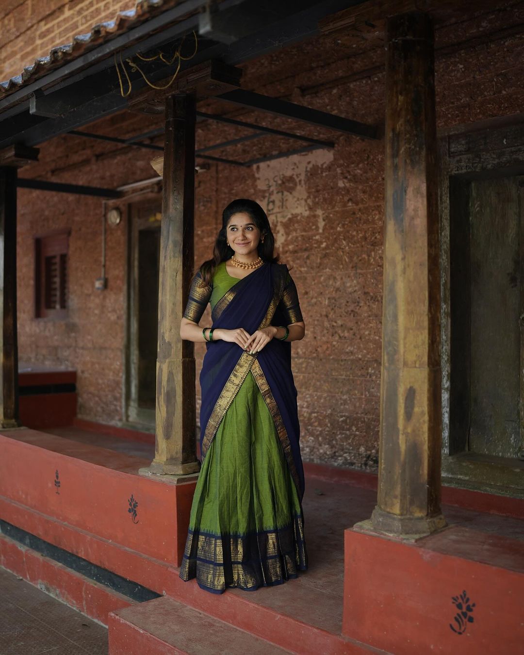 Mezos Royal Blue & Parrot Green Kanjivaram Banarasi Silk Half Saree Set | Zari Lehenga with Dupatta & Blouse – Amali Signature Collection