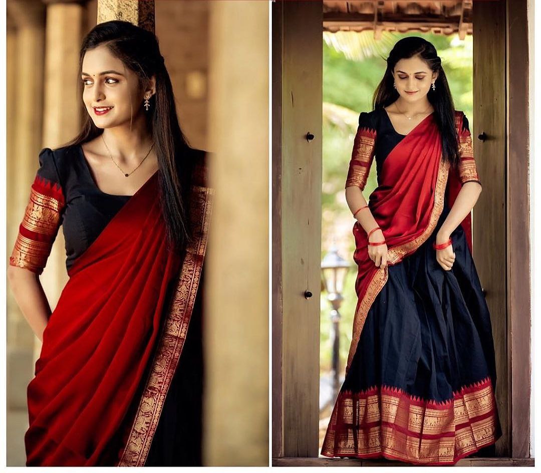 Mezos Kanjivaram Banarasi Silk Zari Half Saree Set – Red & Black Lehenga with Dupatta (Unstitched) | Amali Ethnic Collection