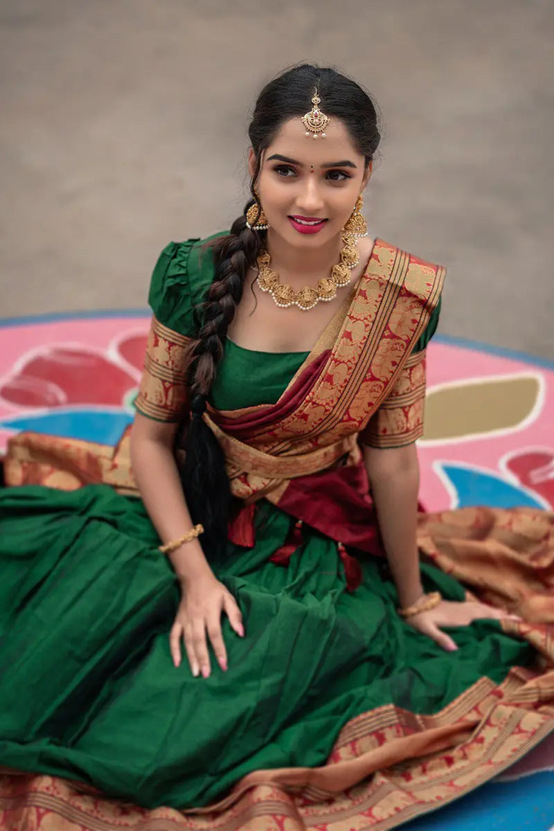 Mezos Green & Maroon Banarasi Kanjivaram Silk Zari Half Saree Set | Amali Royal Heritage Collection