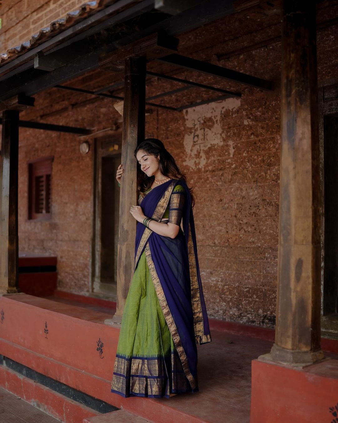 Mezos Royal Blue & Parrot Green Kanjivaram Banarasi Silk Half Saree Set | Zari Lehenga with Dupatta & Blouse – Amali Signature Collection