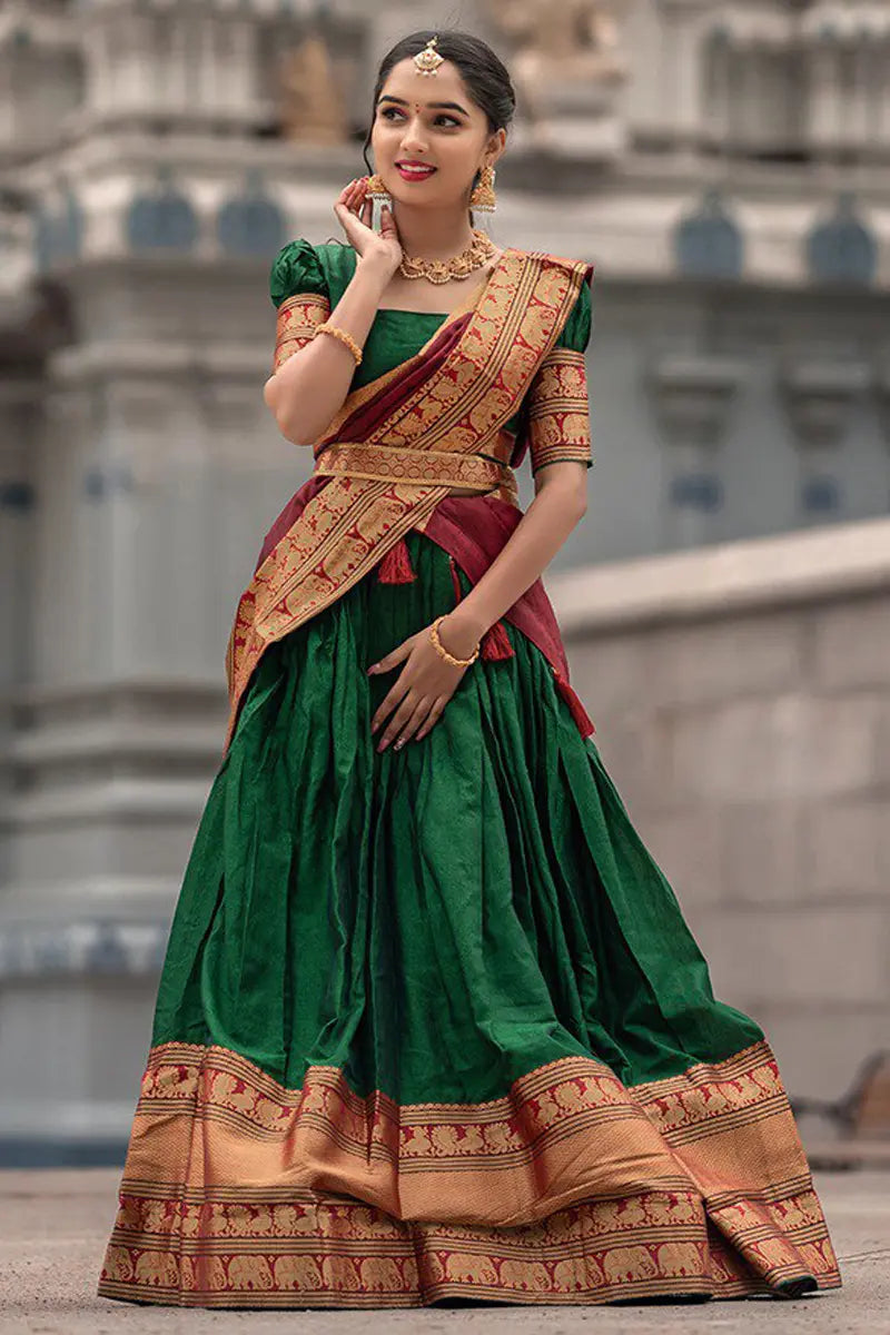 Mezos Green & Maroon Banarasi Kanjivaram Silk Zari Half Saree Set | Amali Royal Heritage Collection