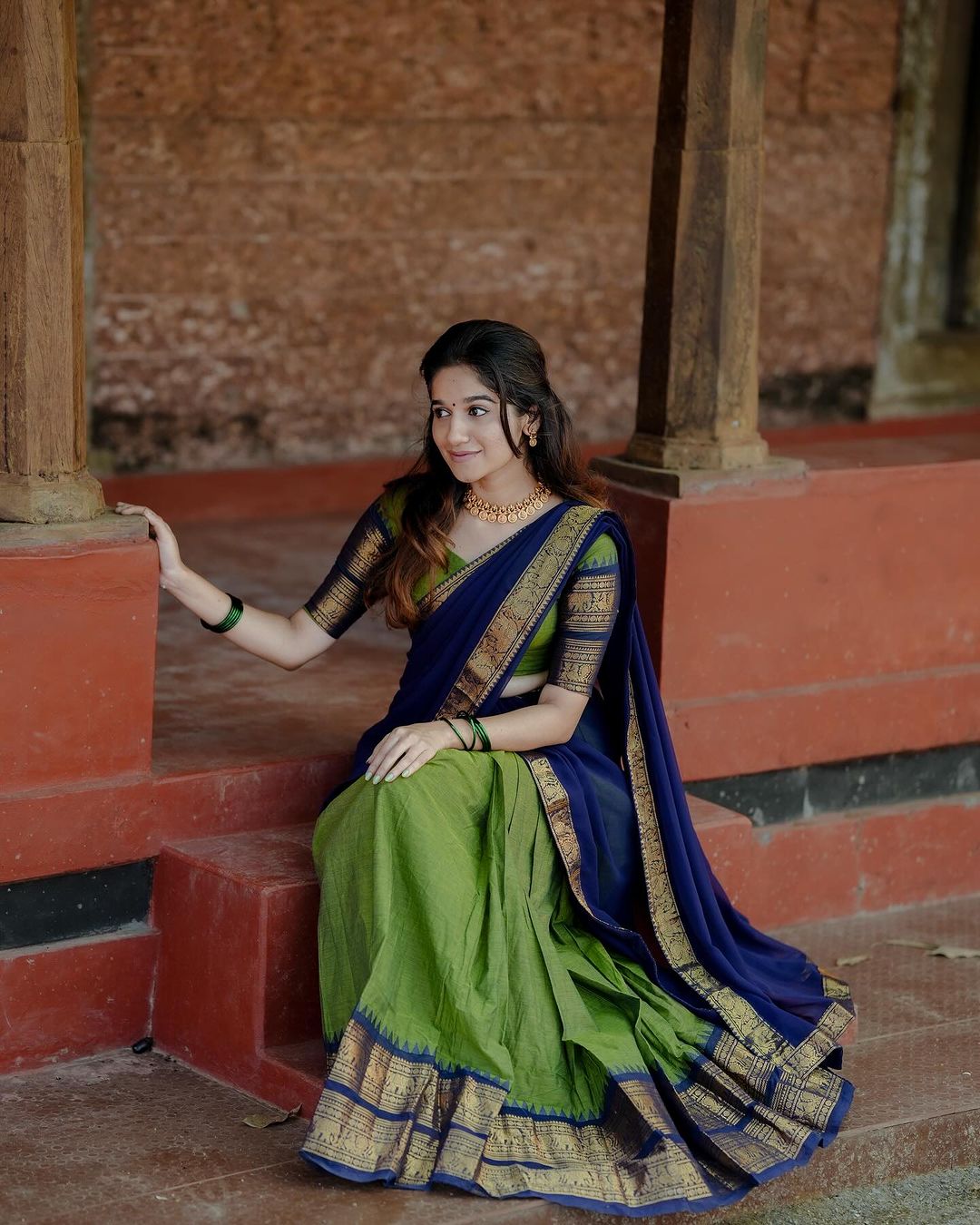 Mezos Royal Blue & Parrot Green Kanjivaram Banarasi Silk Half Saree Set | Zari Lehenga with Dupatta & Blouse – Amali Signature Collection