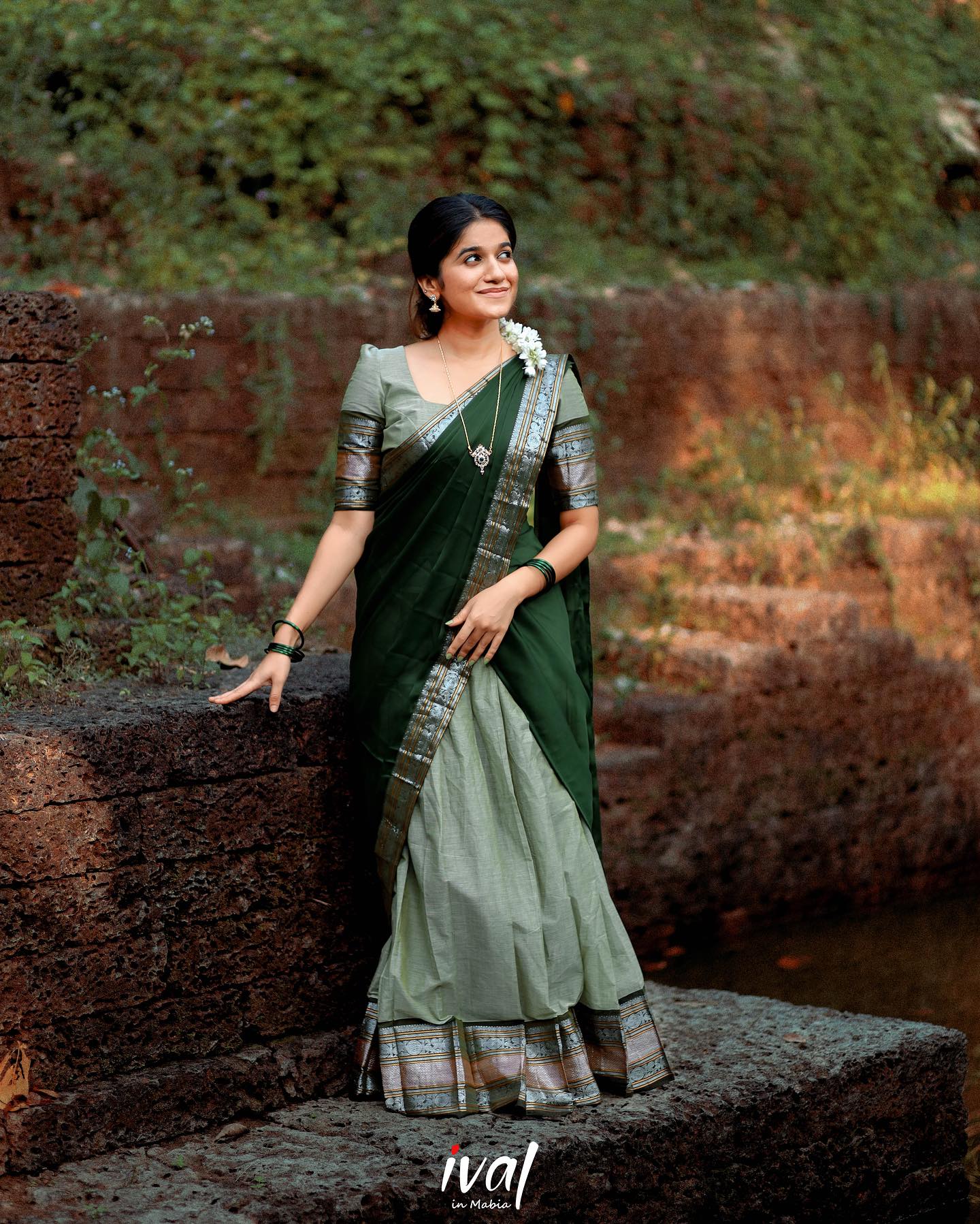Mezos Dual Green Banarasi Silk Zari Half Saree Set | Amali Royal Heritage Collection