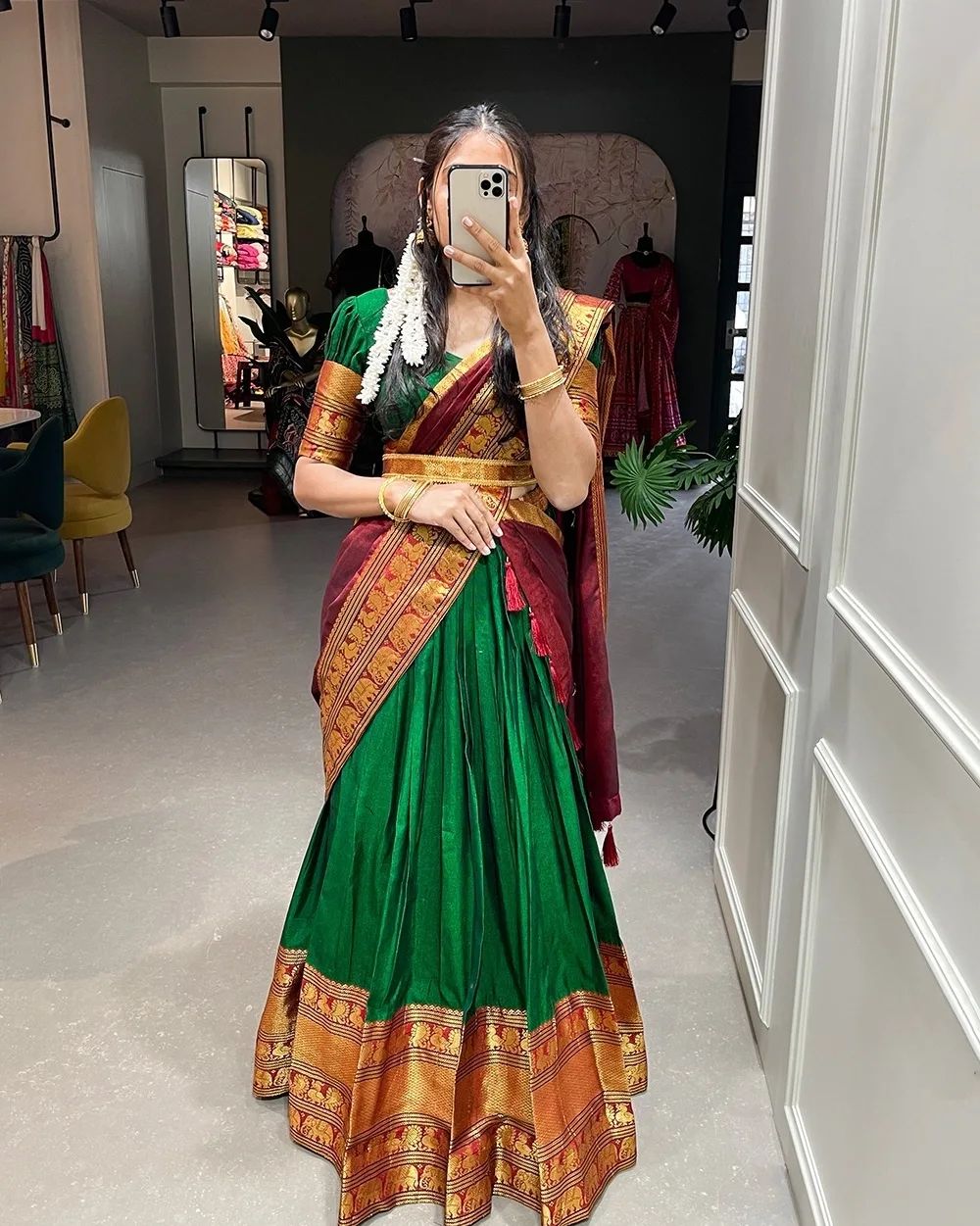 Mezos Green & Maroon Banarasi Kanjivaram Silk Zari Half Saree Set | Amali Royal Heritage Collection