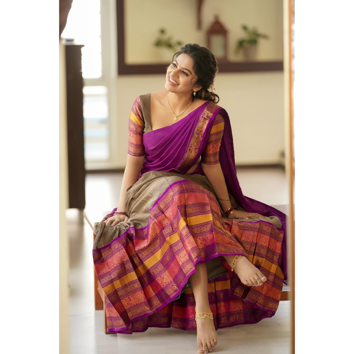 Mezos Purple & Coffee Brown Banarasi Silk Zari Half Saree Set | Amali Royal Heritage Collection