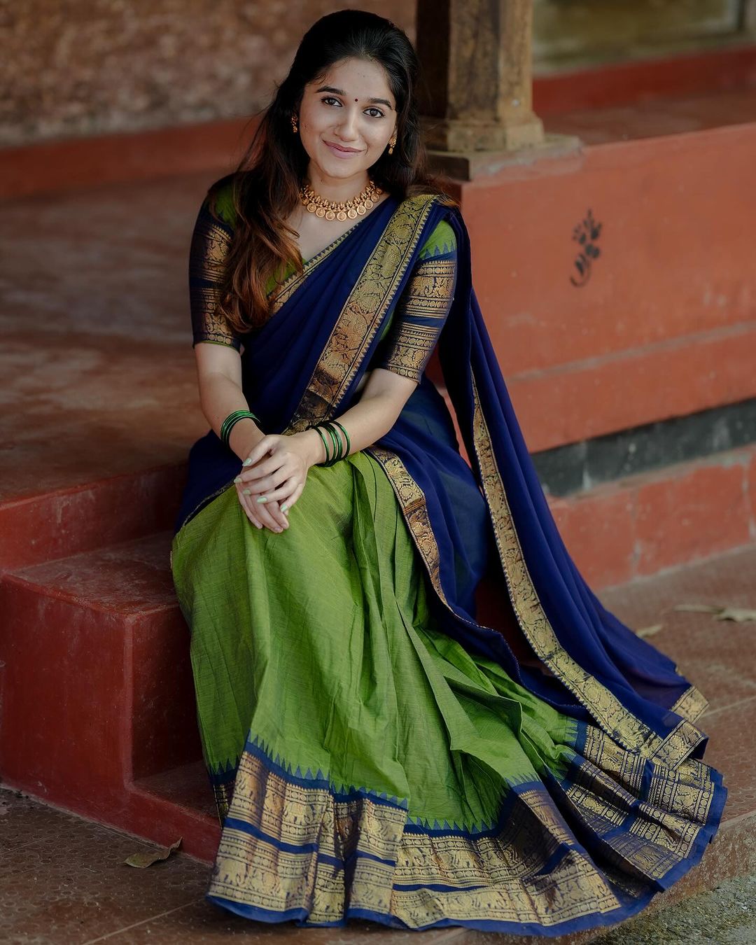 Mezos Royal Blue & Parrot Green Kanjivaram Banarasi Silk Half Saree Set | Zari Lehenga with Dupatta & Blouse – Amali Signature Collection