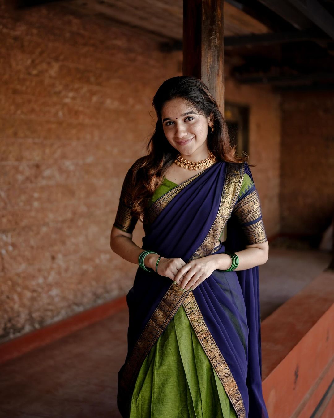 Mezos Royal Blue & Parrot Green Kanjivaram Banarasi Silk Half Saree Set | Zari Lehenga with Dupatta & Blouse – Amali Signature Collection