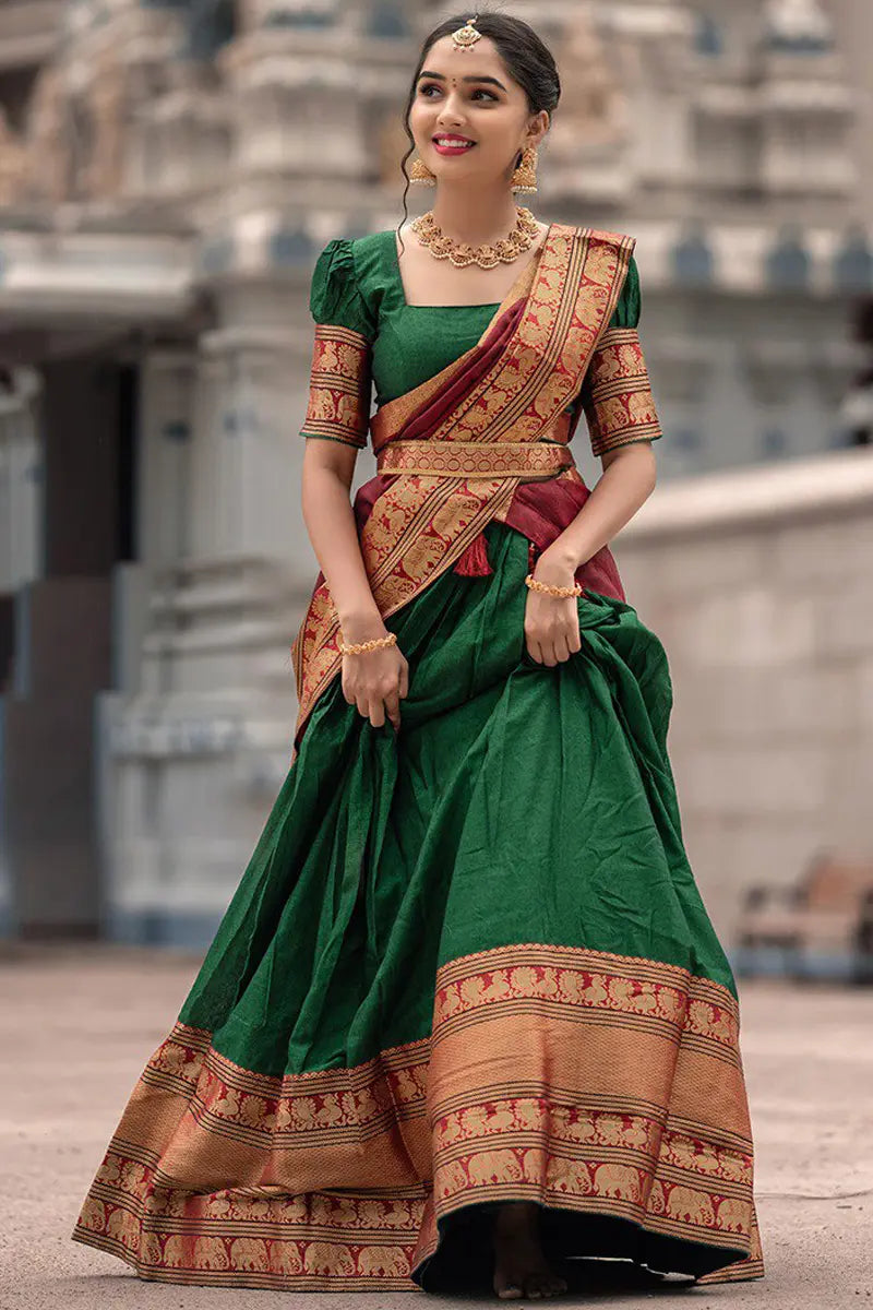 Mezos Green & Maroon Banarasi Kanjivaram Silk Zari Half Saree Set | Amali Royal Heritage Collection
