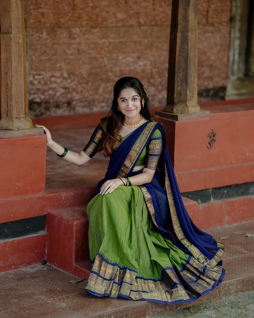 Mezos Royal Blue & Parrot Green Kanjivaram Banarasi Silk Half Saree Set | Zari Lehenga with Dupatta & Blouse – Amali Signature Collection