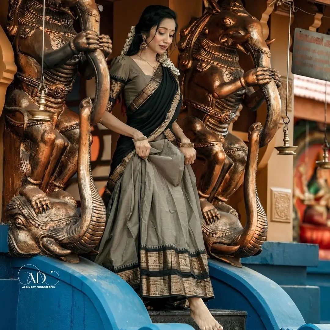 Mezos Elegant Grey & Black Kanjivaram Banarasi Silk Zari Half Saree Set | Amali Premium Festive Collection