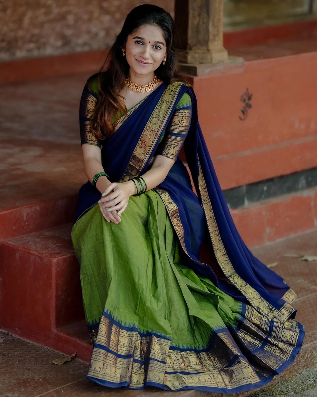 Mezos Royal Blue & Parrot Green Kanjivaram Banarasi Silk Half Saree Set | Zari Lehenga with Dupatta & Blouse – Amali Signature Collection